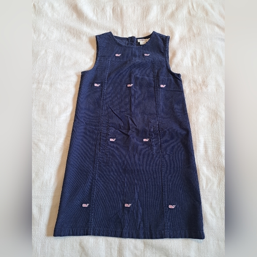 Vineyard Vines girls size 10 blue corduroy jumper with pink whale embroidery
